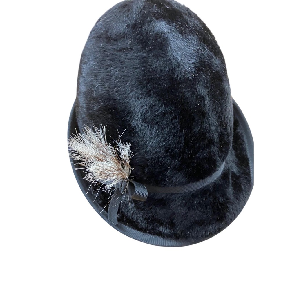 Vintage La Scala Black Genuine Hare Fur Hat with Feather‎ Accent Gimbels